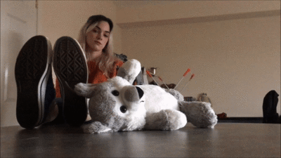 Melissa stomps and crushes her teddy bear