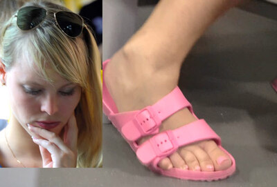 Feet in pink rubber German sandals in the train - video update 13037