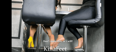 Goddess Kiffa and Vic - Footsie with friends on bar and Foot pov - FOOTSIE - FEET - SOLES - DANGLING - HIGH HEELS - SCARPIN - TOE CLAMPING - SCRUNCHED SOLES - WRINKLED SOLES -