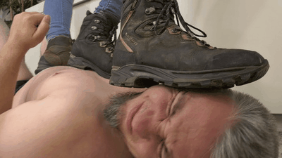 Brutal double trampling with hiking boots