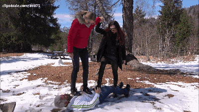 GABRIELLA & SCARLET - A trip to the mountains - BRUTAL trampling with muddy boots in the snow, muddy boots licking (CRAZY EXTREME CLIP!)