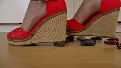 Small cars crushed under giantess wedge heels